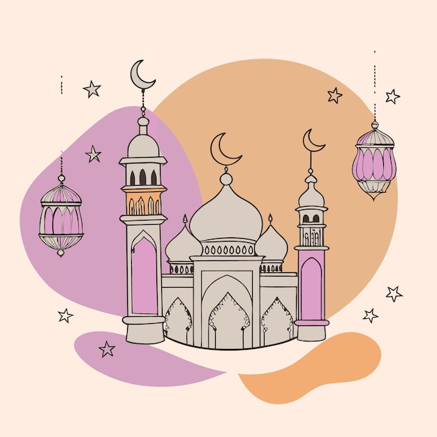 Vector mosque illustration with stars moon and lanterns