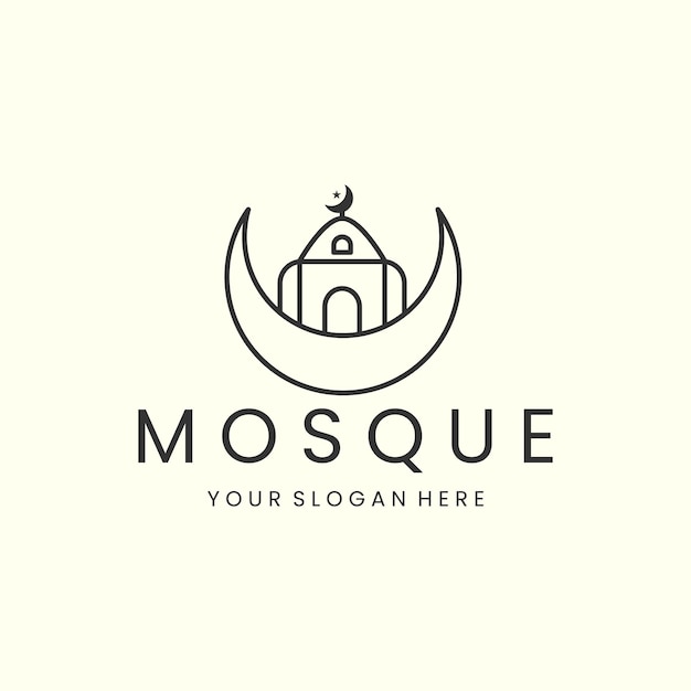 Mosque and moon linear style logo icon template design moslem islam ramadanvector illustration