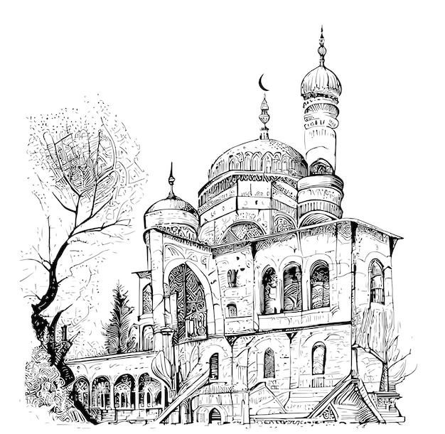 Mosque old hand drawn sketch Vector illustration.