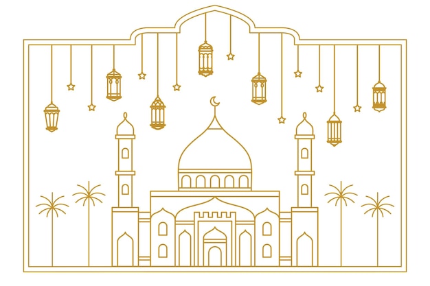 Mosque outline design with hanging lanterns ramadan concept on white background