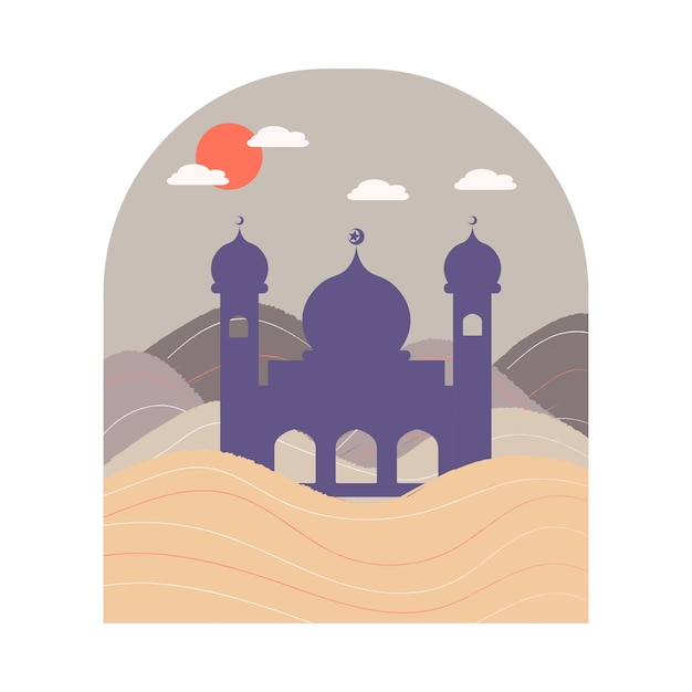 Mosque silhouette in desert for Islamic events element flat vector illustration