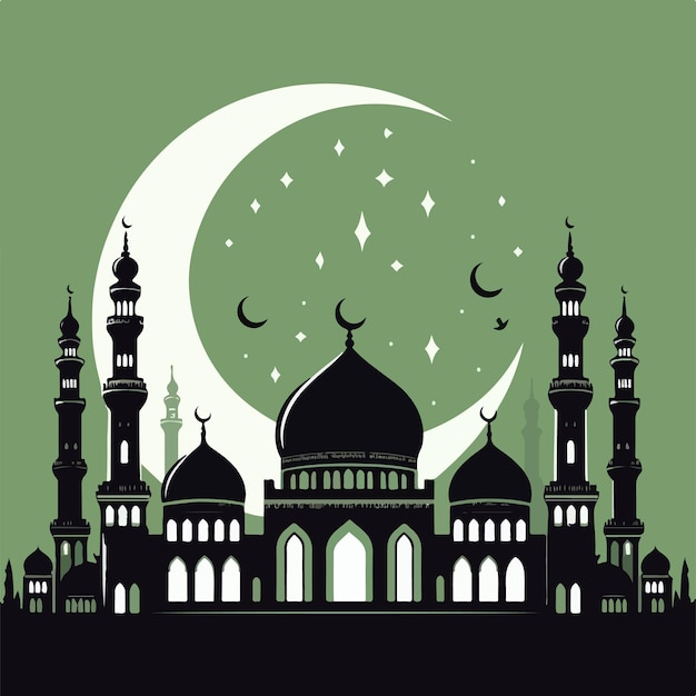 Mosque silhouette vector illustration Eid Mubarak Islamic background greeting festival