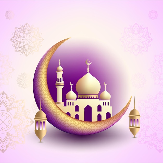 A mosque with a crescent moon on a purple background