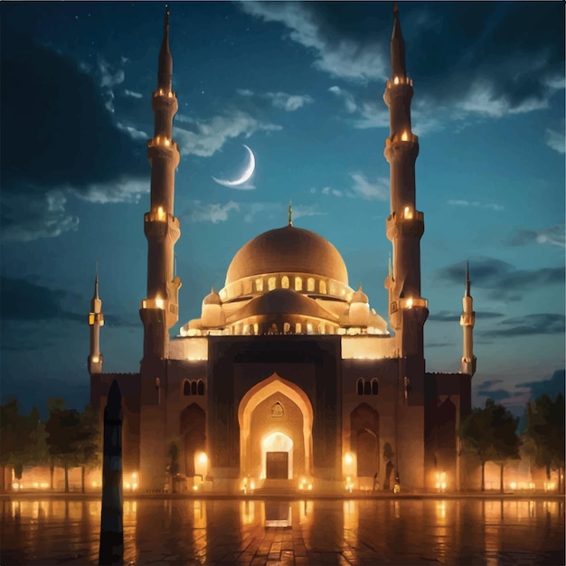 a mosque with a moon in the sky and a moon in the background