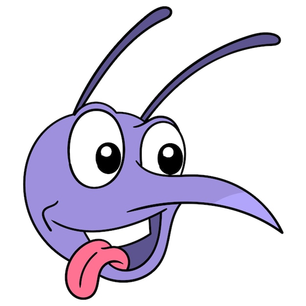 The mosquito head has a craving face and sticks out its tongue, vector illustration carton emoticon. doodle icon drawing