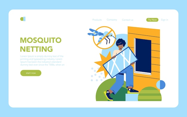 Vector mosquito netting concept a person installing a mosquito screen to prevent insect pests protection