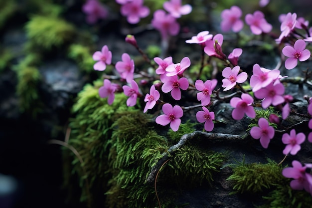 Vector a moss covered rock with purple flowers on it