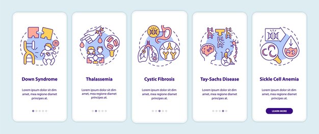 Most common genetic diseases onboarding mobile app page screen with concepts