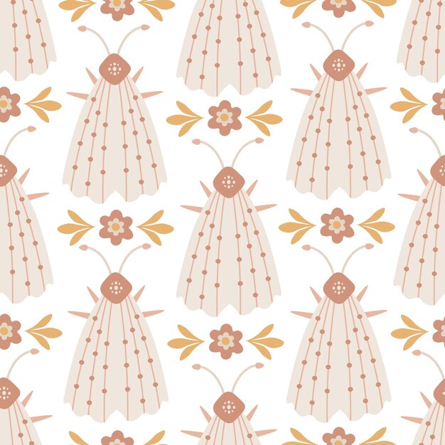 Moth and flowers soft seamless pattern