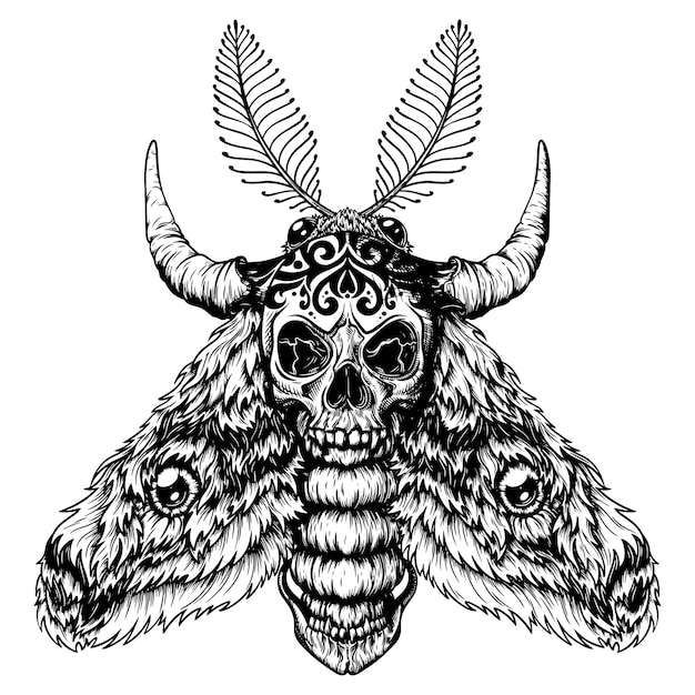 A moth with a skull and horns Made with ink