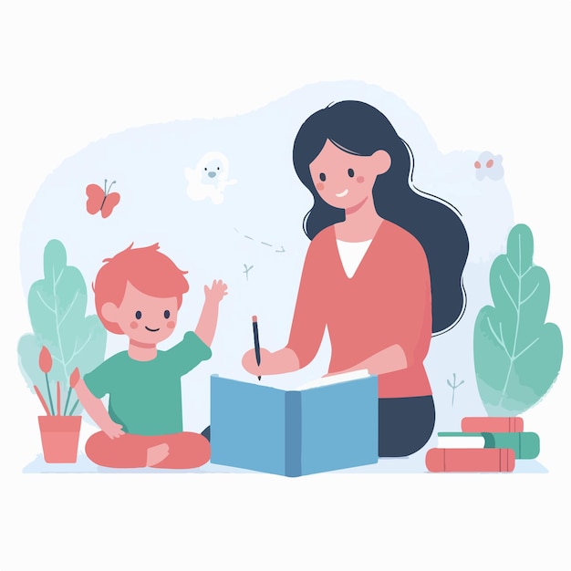 Vector mother accompanying her child to study