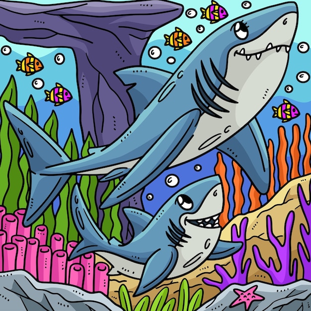 Mother and Baby Great White Shark Colored Cartoon