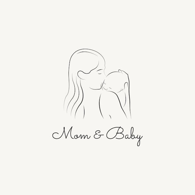 Mother and baby stylized vector symbol mom hugs her child logo template