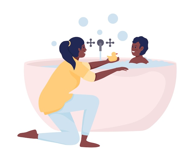 Mother bathing her son semi flat color vector characters Sitting figure Full body people on white Bathroom routine simple cartoon style illustration for web graphic design and animation