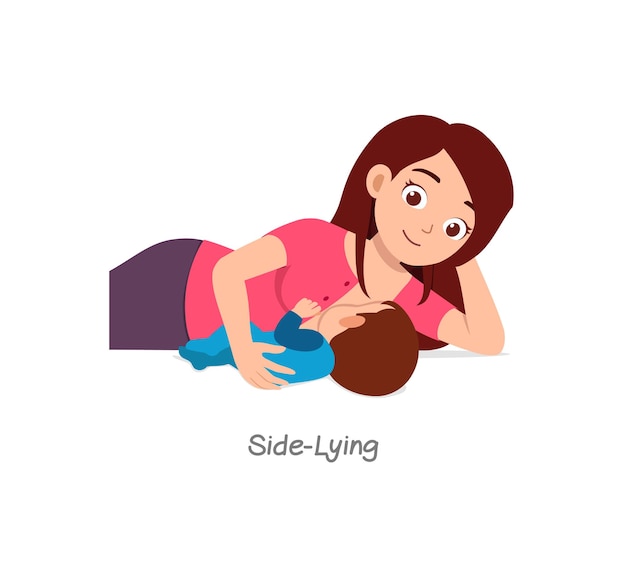 Mother breastfeeding baby with pose named side lying