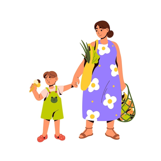 Mother carrying grocery mesh bag after shopping, kid eating ice-cream. Woman mom and happy child.