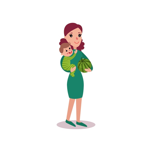 Mother carrying watermelon in one arm and baby in the other, super mom concept vector Illustration isolated on a white background