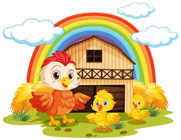 Vector mother chicken with baby chick in cartoon style