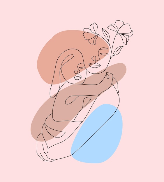 Mother child and flowers minimal design line art for mothers day