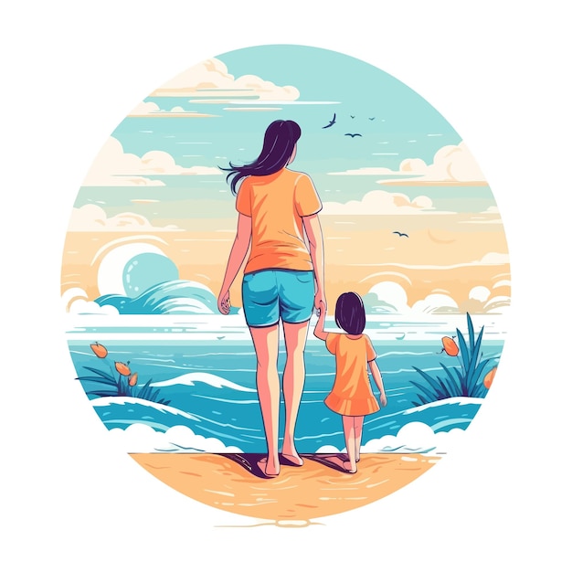 Mother and child holding hands on the beach cartoon illustration