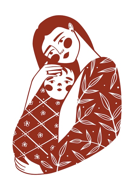 Mother and child. Hugs of mom and baby. Hand drawn vector illustration of happy motherhood.