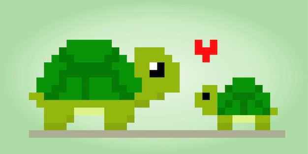 Mother and child turtle pixels Vector illustration of 8 bit game assets