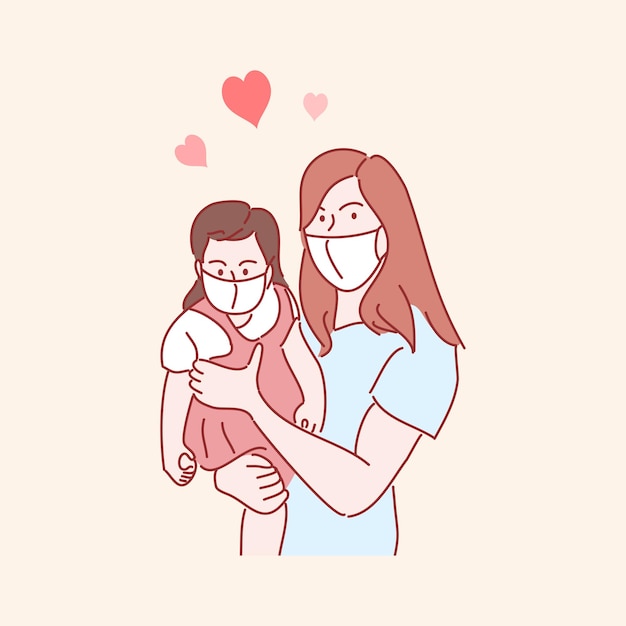 mother and child with white medical face mask. Hand drawn style vector illustrations.