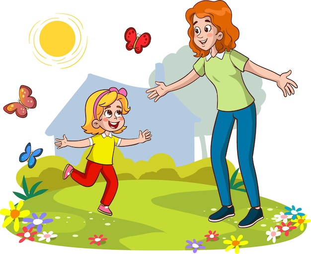 mother and children cartoon vector illustration