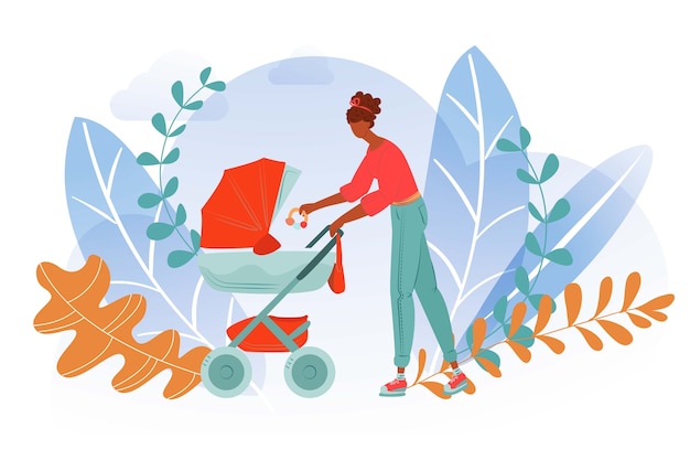 Mother city walks baby, woman stroller together, motherhood life, happy mom, ,  style  illustration. Walk transportation baby stroller, motherhood parenting, outdoor.