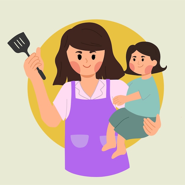 Mother Cooking and Holding a Kid Illustration