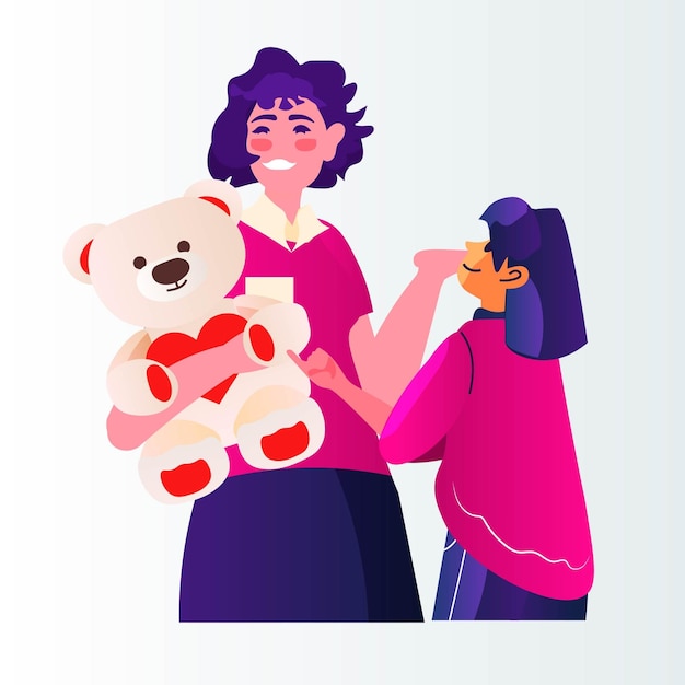 mother and daughter in boutique holding teddy bear in kids clothing store big sale shopping concept portrait vector illustration