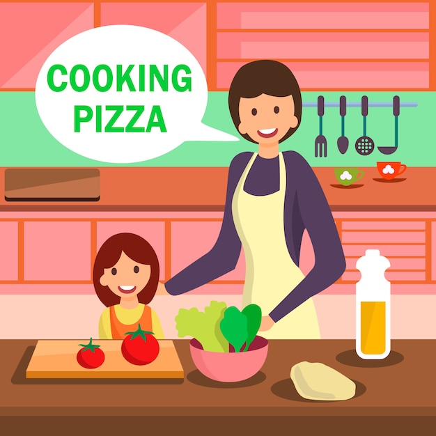 Mother and Daughter Cooking Pizza Illustration