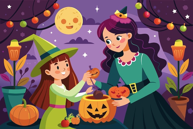 Mother and daughter cooking together in a cozy kitchen Concept of family bonding Halloween home activity festive season Illustration vector design element