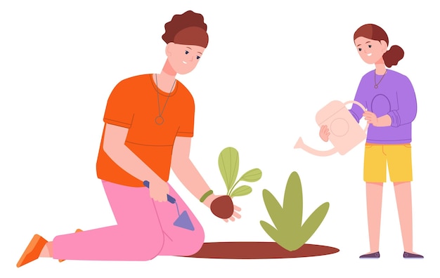 Mother and daughter gardening together Kid watering plant