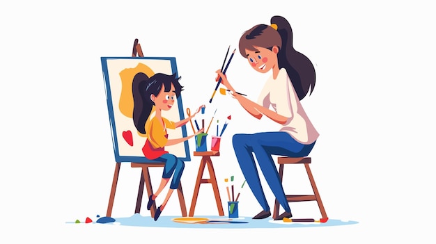 Vector mother and daughter painting together creating an album