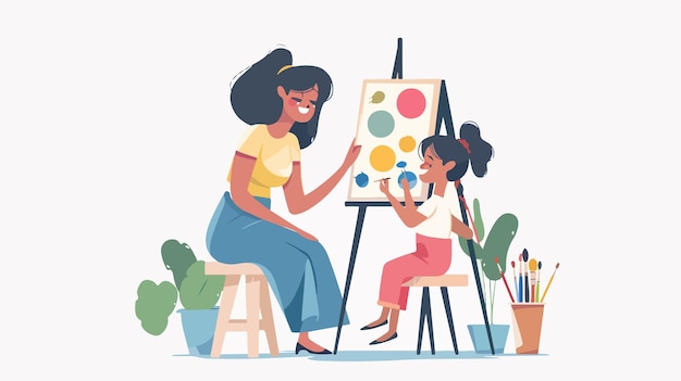 Vector mother and daughter painting together creating an album