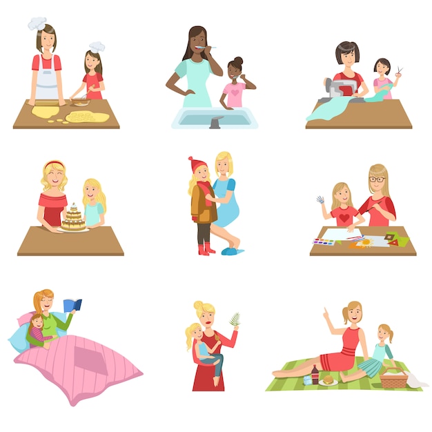 Mother And Daughter Passing Time Together Set Of Illustrations