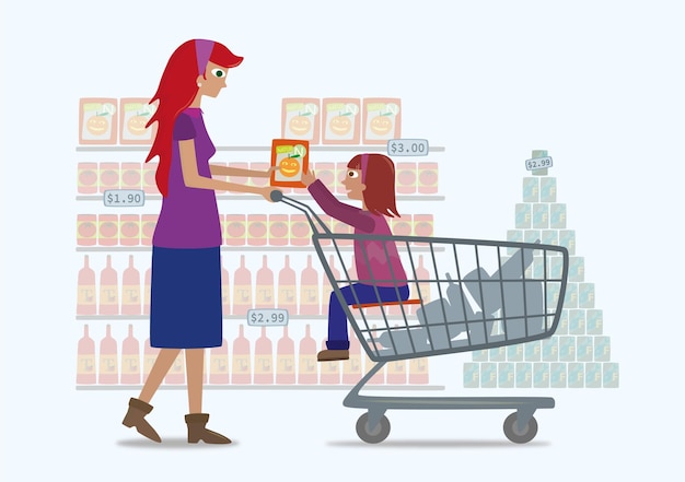 Mother and daughter shopping in supermarket