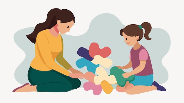 A mother and daughter sitting side by side ting out shapes of soft pastelcolored felt and stitching