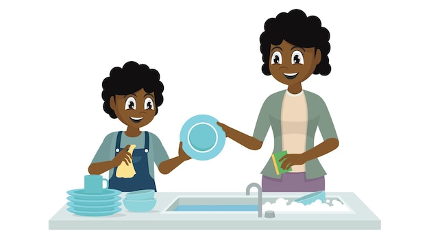 Mother and daughter washing dishes