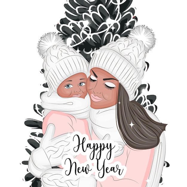 Mother and daughter in winter clothes on Christmas Eve or New Year's Eve vector illustration