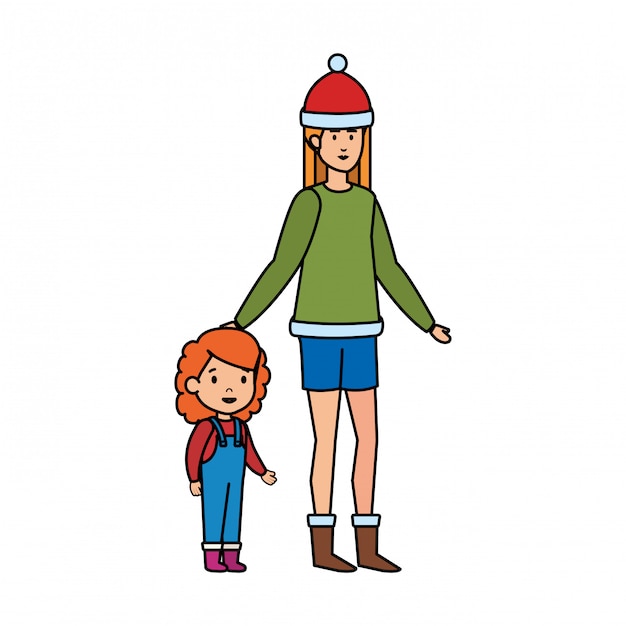 Mother and daughter with winter clothes