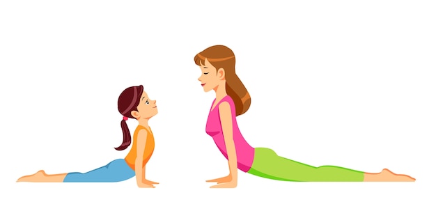 Mother and daughter woman and girl child doing yoga exercises