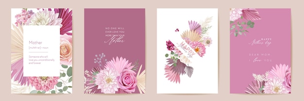 Mother day floral greeting card. Watercolor minimal postcard set. Vector rose, dahlia flowers, palm leaves template design. Pampas grass frame. Spring flower bouquet typography. Woman modern brochure