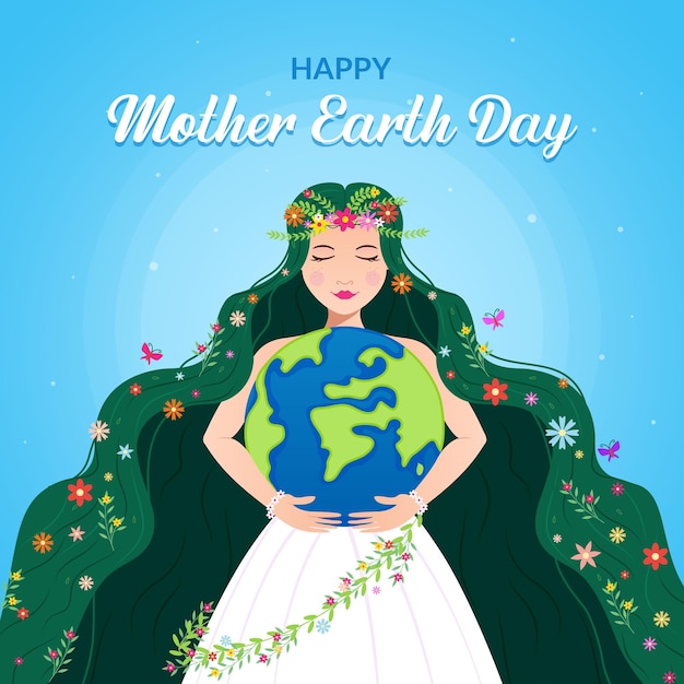 Mother earth day poster with planet nature and beauty woman Girl with wild natural forest and glob