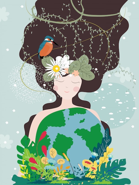 Mother earth day poster with planet and nature beauty woman