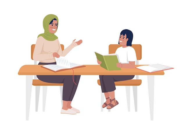 Mother explaining daughter home assignment semi flat color vector characters