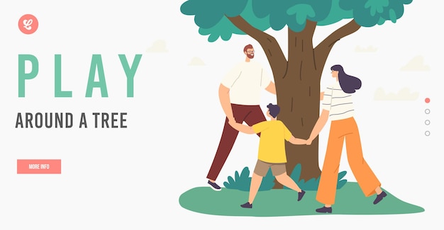 Mother, Father and Child Happy Family Characters Dance around Tree Landing Page Template. Love Tree, Togetherness, Outdoor Environmental Activity Summer Recreation. Cartoon People Vector Illustration