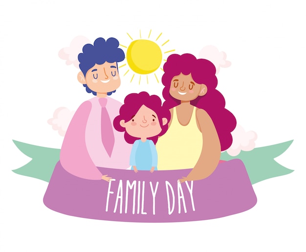 Mother father and daughter with family day ribbon   design