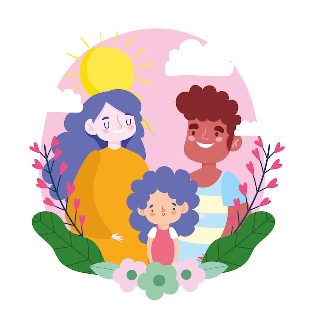 Mother father and daughter with leaves and flowers   design